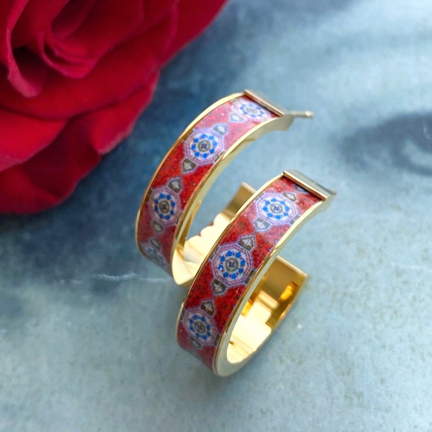 Earrings ATRIO Hoops RED Post Tile Portugal Stainless Steel Antique Azulejo  Gift for her Ships from USA Gold or Silver 1" Valentine's Gift