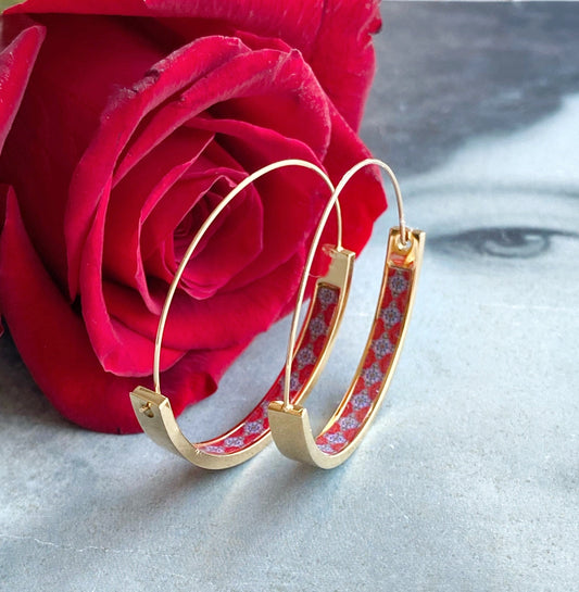 Gold Hoops Atrio Earrings Tile Portugal Stainless Steel Flat Bottom Antique Azulejo - RED Tiles USA Shipping 1.50" Valentine's Gift