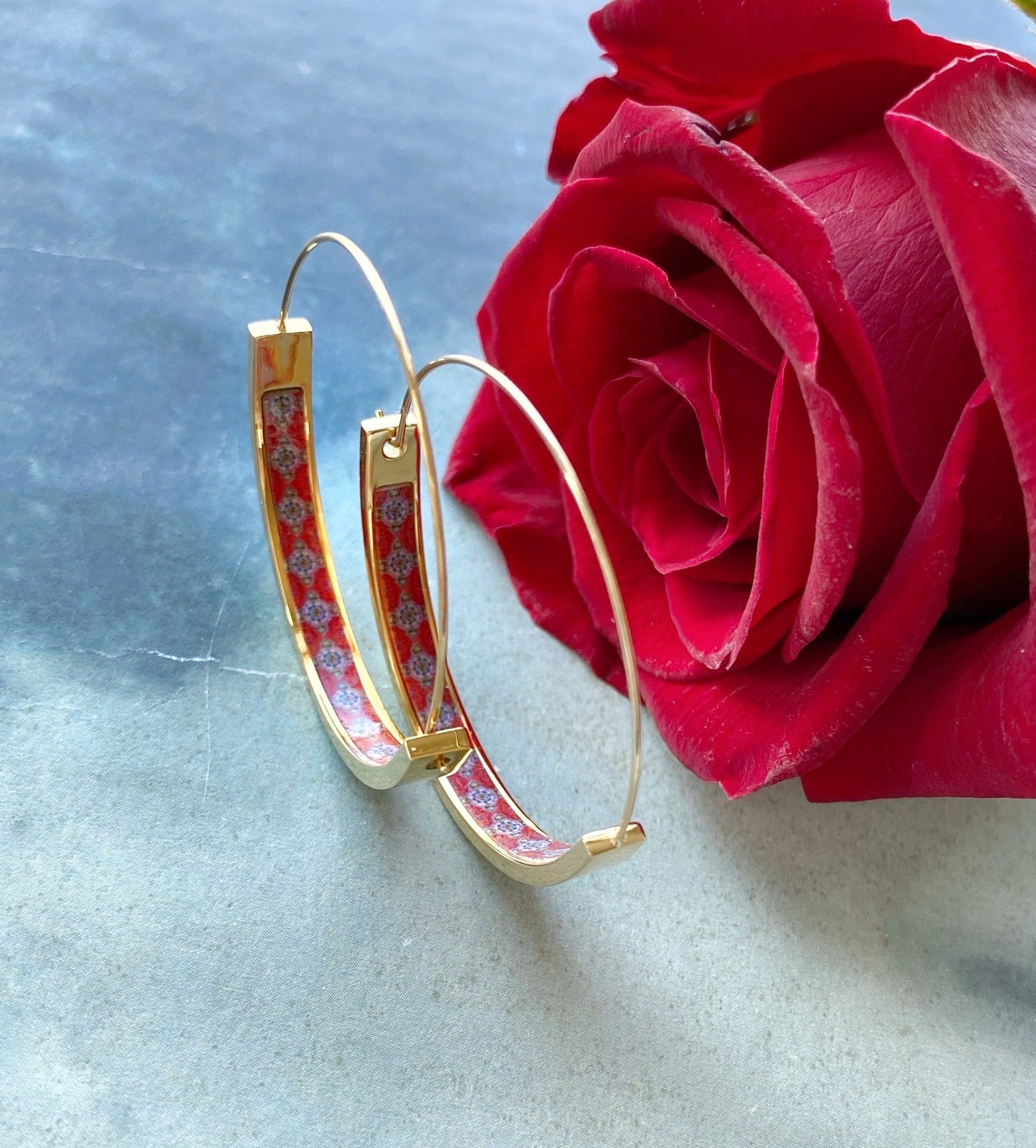 Gold Hoops Atrio Earrings Tile Portugal Stainless Steel Flat Bottom Antique Azulejo - RED Tiles USA Shipping 1.50" Valentine's Gift