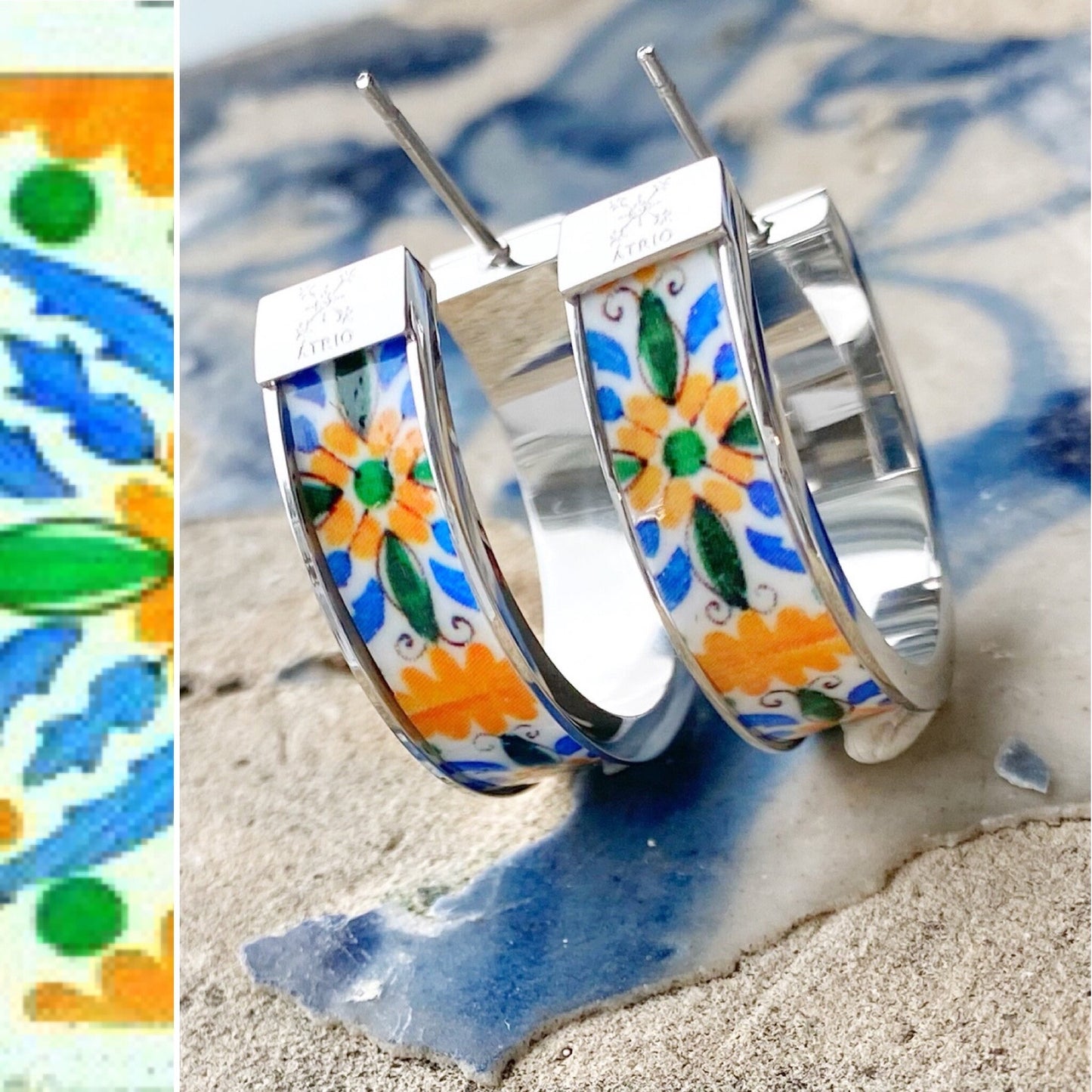 Atrio Hoops Earrings Tile Orange Capri Italy Italian 1" Hoops Restaurant in Anacapri Maoilica Majolica Summer Hoops