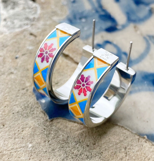 Atrio Hoops Earrings Blue Red Tile Portugal Antique Azulejo STAINLESS Steel PoRTO Ships from USA 1" Gold or Silver