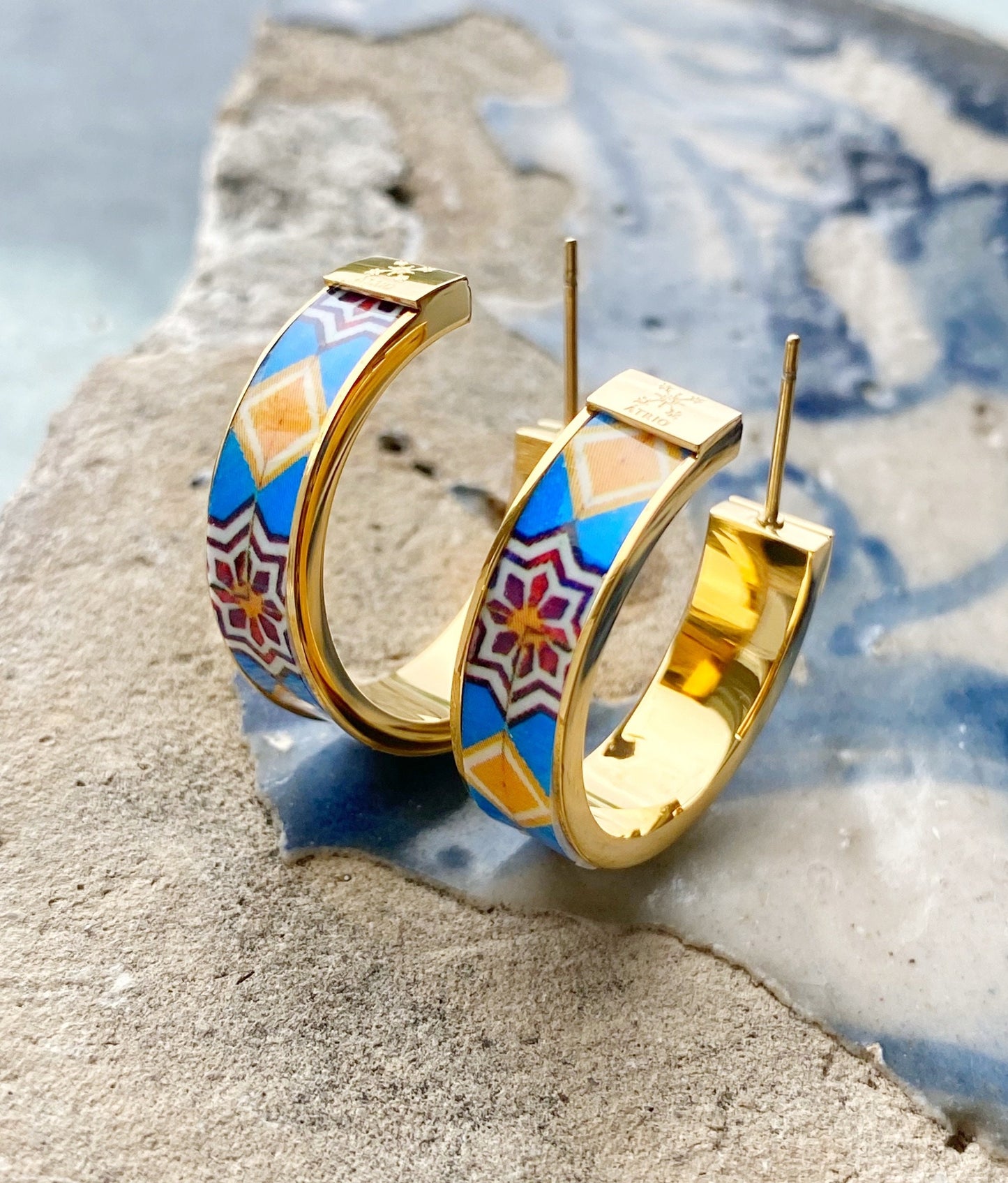 Atrio Hoops Earrings Post Blue Brown Tile Portugal Antique Azulejo STAINLESS Steel PoRTO Ships from USA 1" Gold or Silver