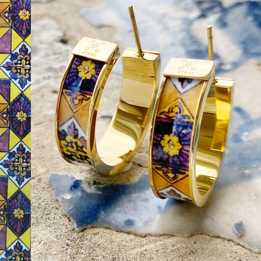 Brown ATRIO Hoops Brown Hoops Brown Earrings Geometric earrings Tile Portugal Stainless Steel Antique Azulejo Ethnic Earrings Gold Silver 1"