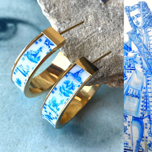 Hoop Earrings Tiles Atrio DELFT Portugal Azulejo 1" Stainless Steel Pasteis de Belem Minimal Outer Tiles Pinterest Ships from USA