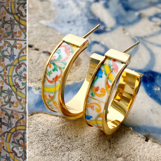 Atrio Hoops Earrings Tile Capri Italy Italian 1" Hoops Church of St. Michael Anacapri 1761 Maoilica Majolica Summer Hoops