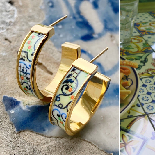 Atrio Hoops Earrings Tile Capri Italy Italian 1" Hoops Restaurant in Anacapri Maoilica Majolica Summer Hoops