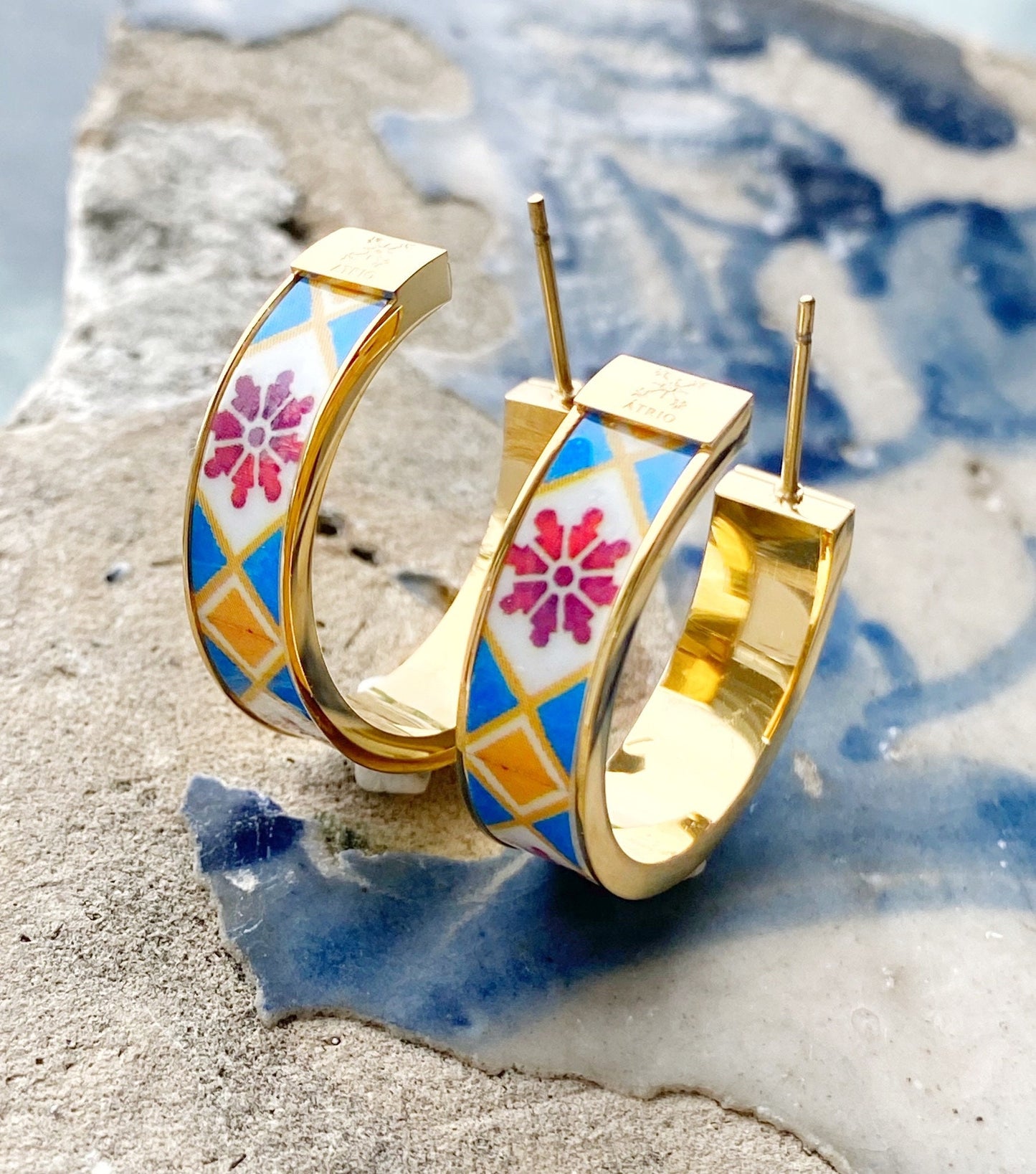 Atrio Hoops Earrings Blue Red Tile Portugal Antique Azulejo STAINLESS Steel PoRTO Ships from USA 1" Gold or Silver