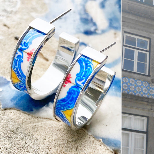 Atrio Hoops Earrings Yellow and Blue Tile Portugal Antique Azulejo STAINLESS Porto Ships from USA 1" Gold or Silver