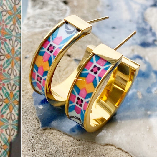 Atrio Hoop Earrings Tile Atrio Portugal Tile Hoops Azulejo Portuguese SOLID Stainless Steel Ilhavo Aveiro Persian Gift Box included