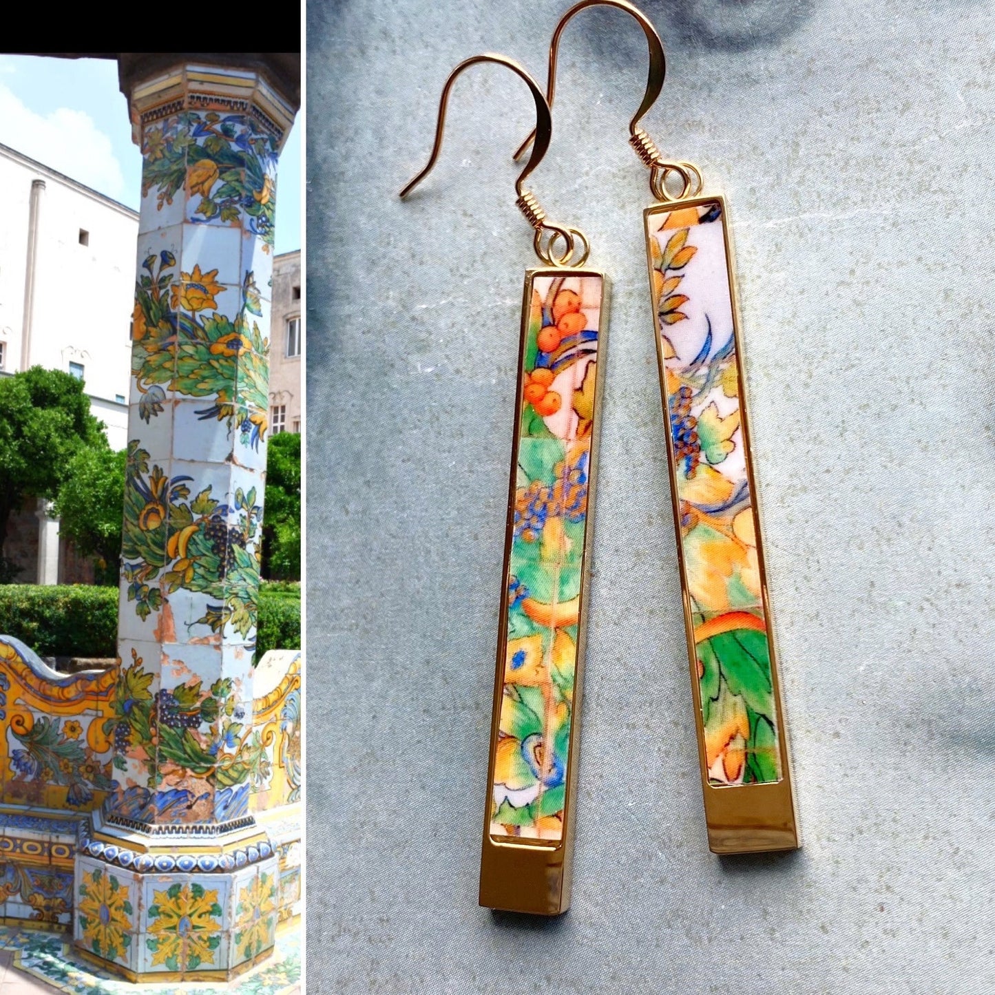 Atrio Earrings Bar Matchstick Italy Tile Italian Tile Italian Earring Naples Santa Chiara Monastery Maiolica Majolica Ceramic Pottery Deruta