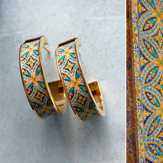 Spanish Hoop Tile Earrings Spain Earrings Plaza de Espana Seville Tile  earrings Atrio Tiles Boho  Atrio Tile ethnic Earrings green brown 1”
