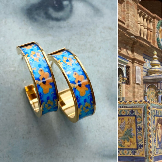 Spanish Hoop Tile Earrings Spain Earrings Plaza de Espana Seville Tile  earrings Atrio Tiles Boho  Atrio Tile ethnic Earrings Blue yellow 1”