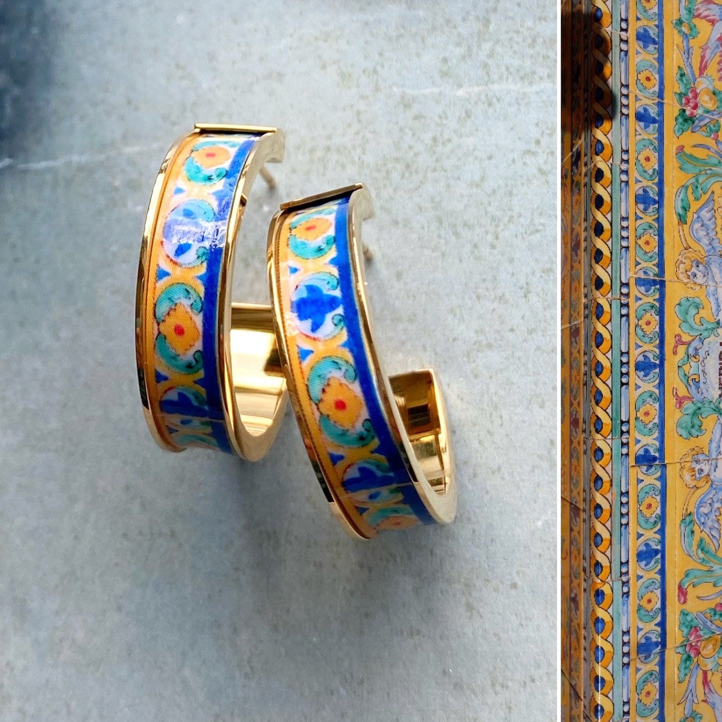 Spanish Hoop Tile Earrings Spain Earrings Plaza de Espana Seville Tile  earrings Atrio Tiles Boho  Atrio Tile ethnic Earrings Blue orange 1”