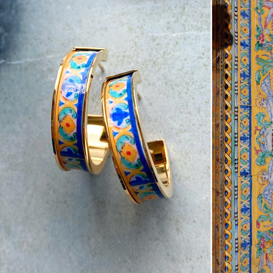 Spanish Hoop Tile Earrings Spain Earrings Plaza de Espana Seville Tile  earrings Atrio Tiles Boho  Atrio Tile ethnic Earrings Blue orange 1”