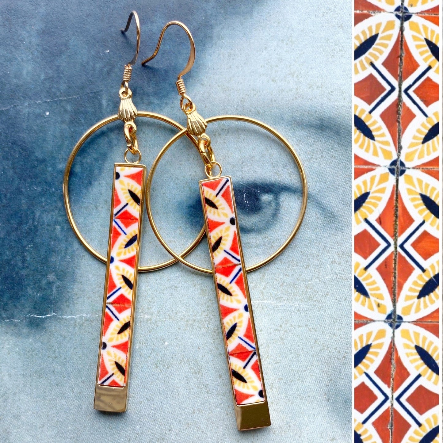 Atrio Earrings Circle Bar Matchstick Tile Portugal Red Earrings Tribal Earrings Ethnic Earrings Ethnic Hoops Aveiro Red Gift Boxed