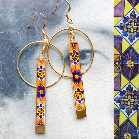 Brown ATRIO Earrings Circle Bar Tile Brown Earrings Geometric Portugal Stainless Steel Antique Azulejo Ethnic Earrings Gold Silver