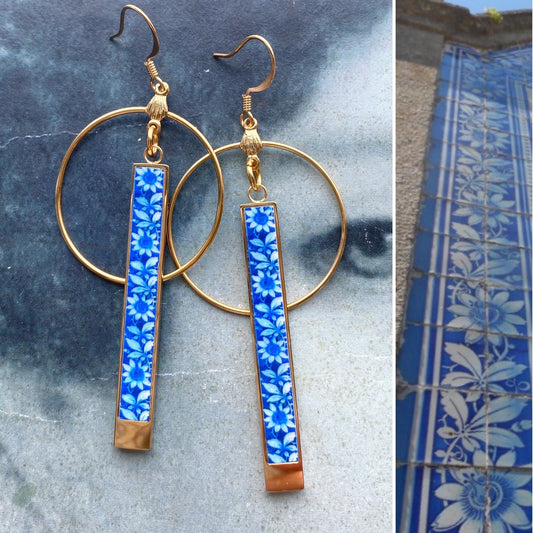 Atrio Earrings Tile Blue Portugal Antique Azulejo Circle Bar Earrings Cortegaça OVAR Portugal Gold or Silver Stainless Steel Gift for Her