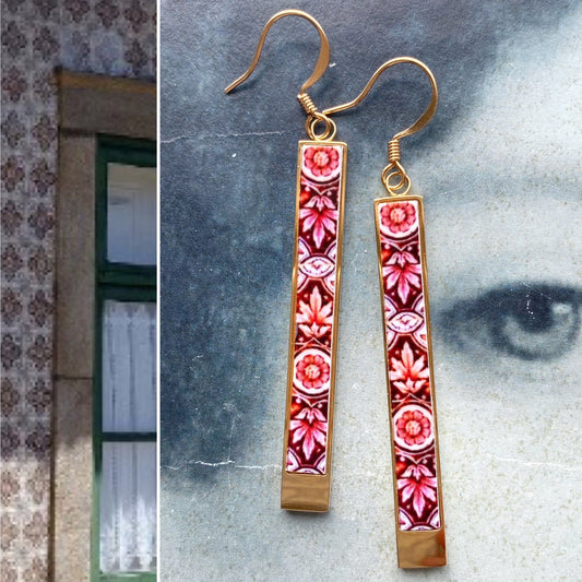 Atrio Earrings Red Tile Bar Portugal Antique Azulejo - Ovar Pink Gold or Silver Stainless Steel Ships from USA