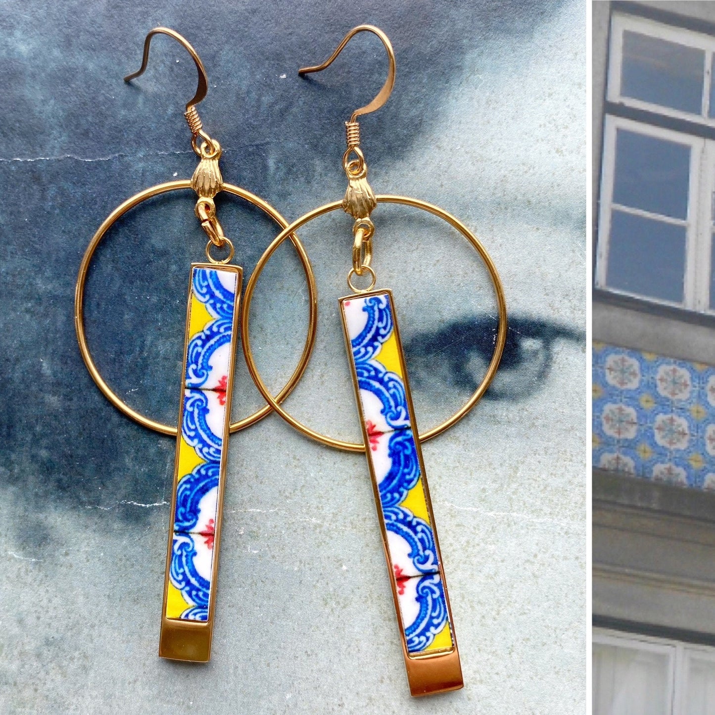 Atrio Bar Earrings Yellow and Blue Tile Portugal Antique Azulejo STAINLESS Porto Ships from USA Circle Bar Earrings Gold or Silver