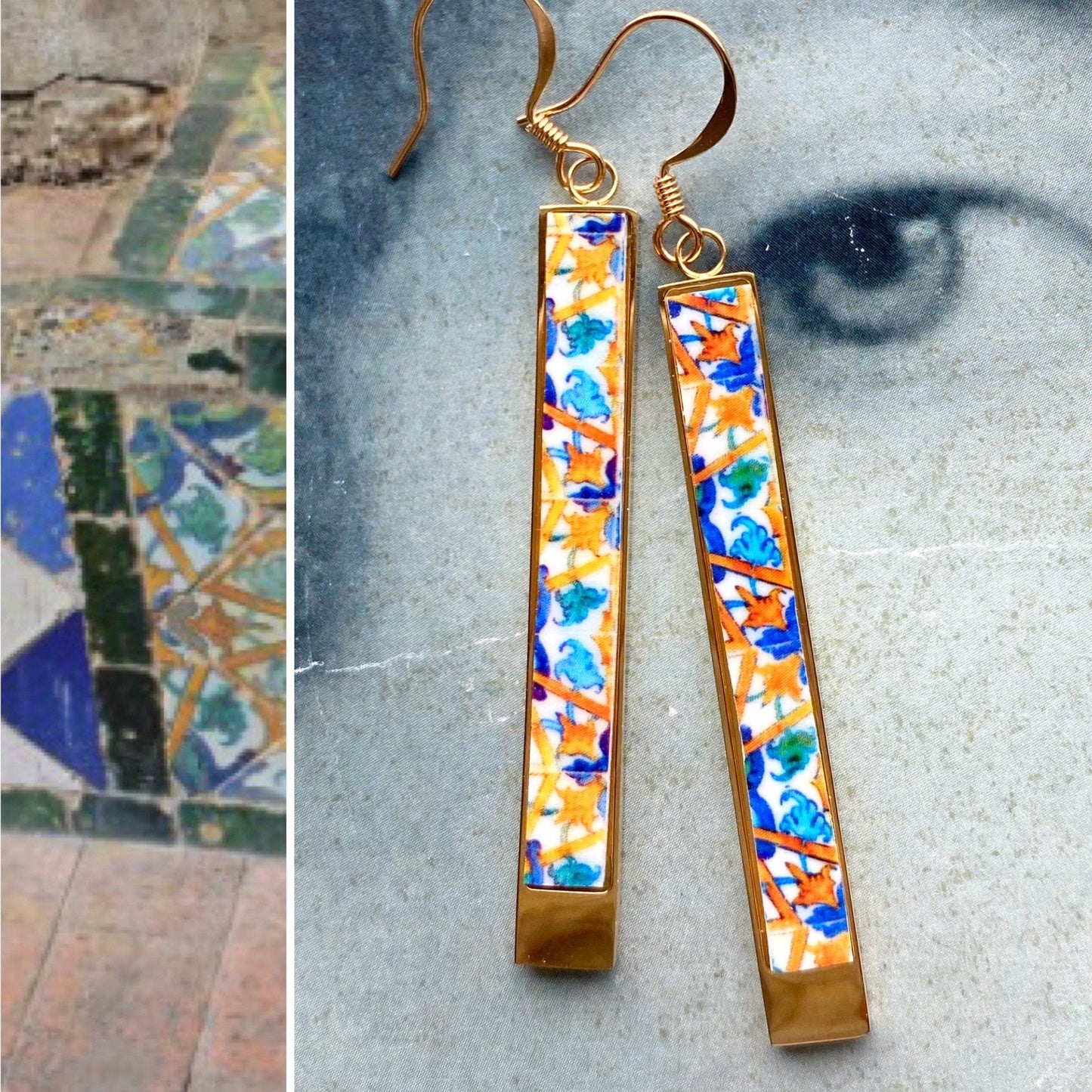 Atrio Earrings Ethnic Bar Persian Hoops Tiles Quinta da Bacalhôa Azeitão Portugal  Majolica Stainless Steel Hypoallergenic Tribal