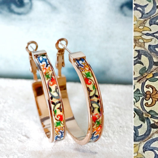 HOOP Earrings ATRIO Portugal Tile Antique Azulejo Pinterest CoIMBRA 1590 -Stainless Steel 1.25" Gift Box Included - Ships from USA Rose Gold