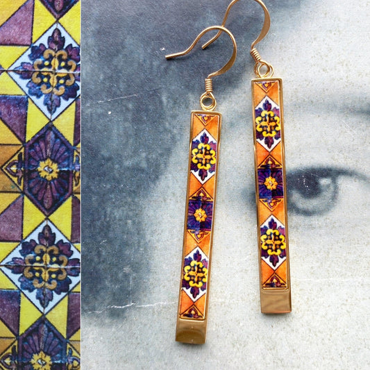 Brown ATRIO Earrings Bar Tile Matchstick Brown Earrings Geometric Portugal Stainless Steel Antique Azulejo Ethnic Earrings Gold Silver