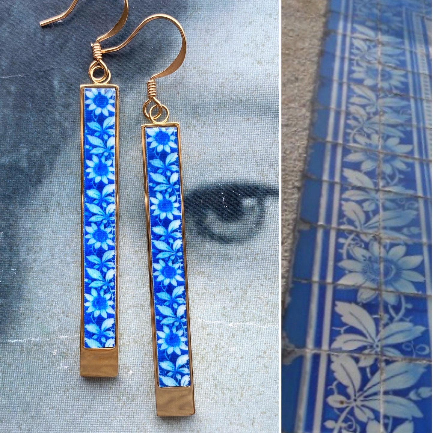 Atrio Earrings Tile Blue Portugal Antique Azulejo Bar Earrings Cortegaça OVAR Portugal Gold or Silver Stainless Steel Gift for Her