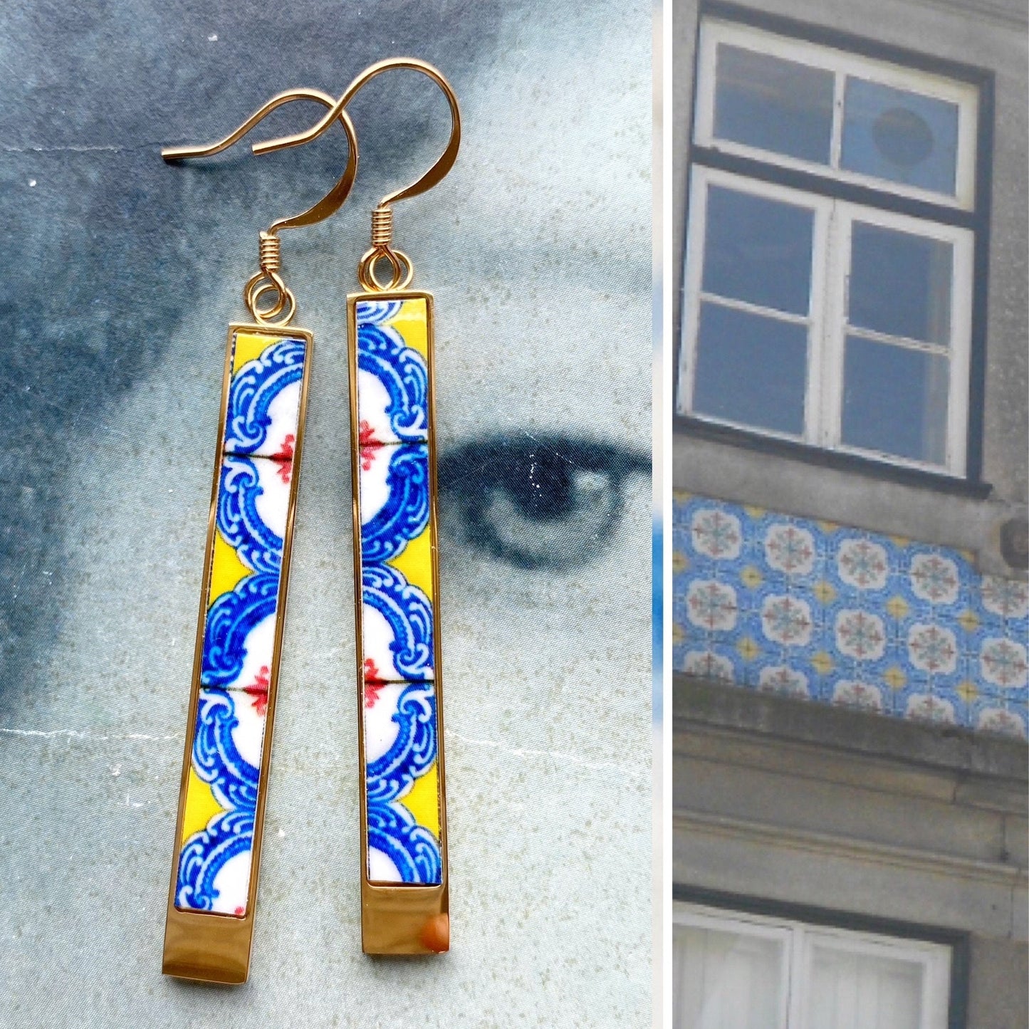 Atrio Bar Earrings Yellow and Blue Tile Portugal Antique Azulejo STAINLESS Porto Ships from USA Bar Earrings Gold or Silver