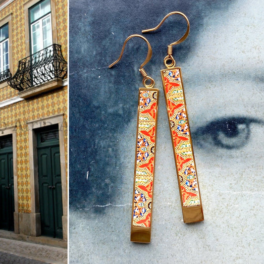 Atrio Earrings Red Tile Bar Portugal Antique Azulejo Ovar Gold or Silver Stainless Steel  Persian Arab Tiles Tribal Gold Orange